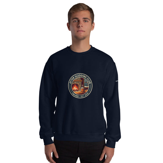 Novapuro Club After Sledding Premium Sweatshirt. Cozy organic cotton pullover perfect for winter relaxation and après-ski style.