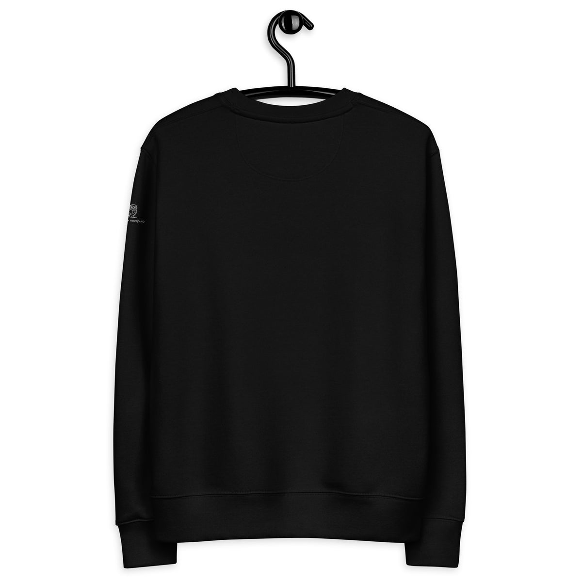 Premium black organic cotton eco sweatshirt featuring a fine art nature photograph of a Nordic Eurasian Pygmy Owl from the Tarja x Novapuro collection.