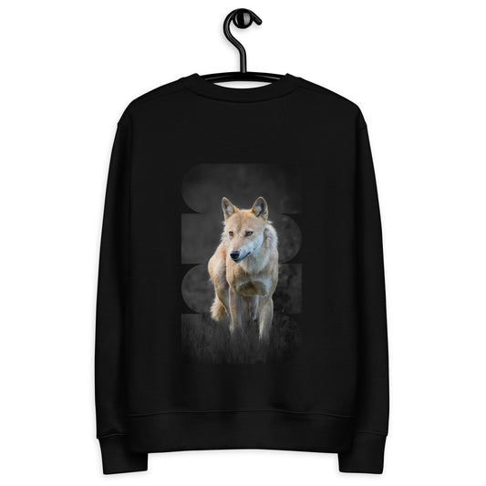 A black organic cotton unisex sweatshirt featuring a striking photograph of a majestic wolf by Finnish photographer Auli Leivonen