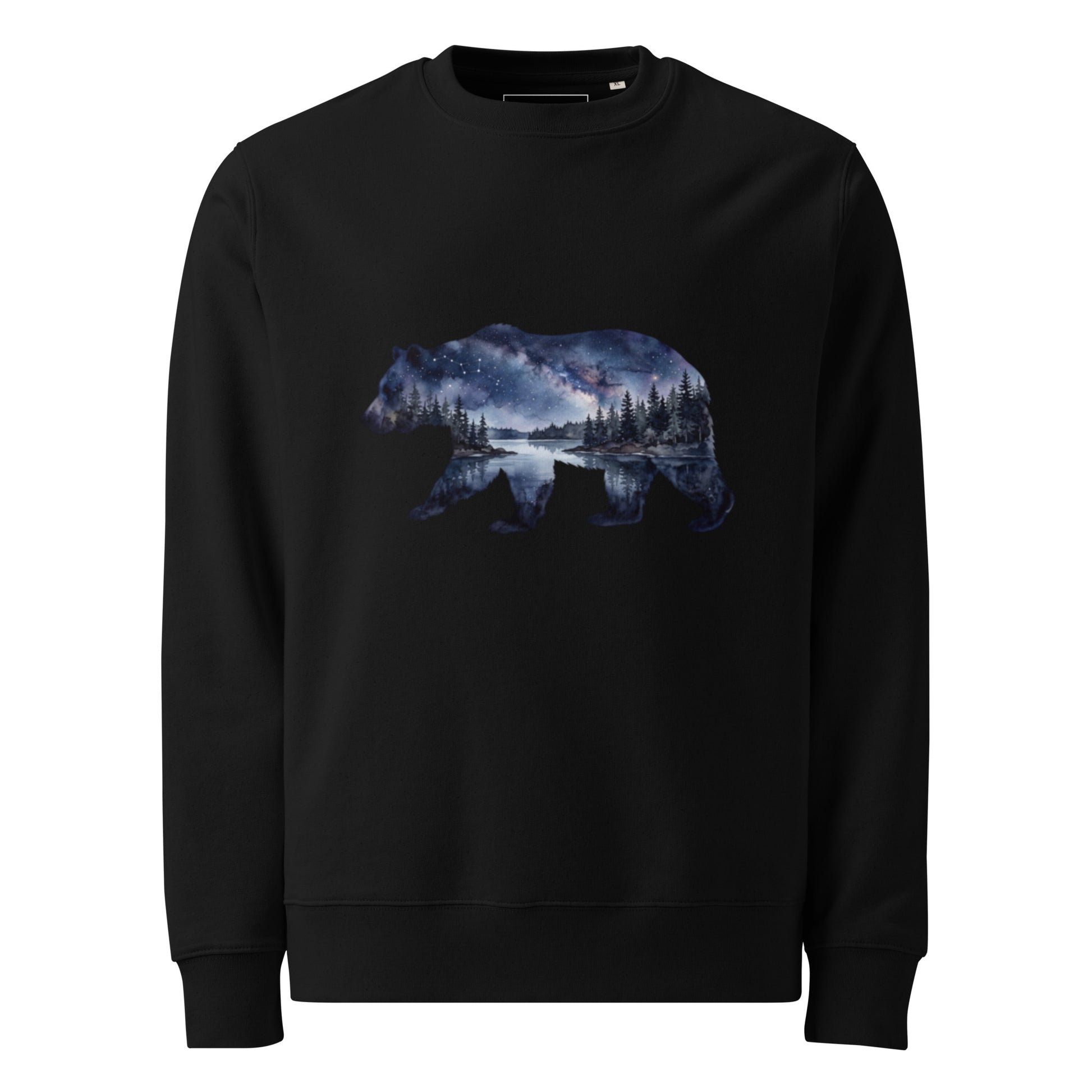 Double exposure bear silhouette graphic with a starry night and lake on a black eco-friendly organic cotton sweatshirt by Novapuro.