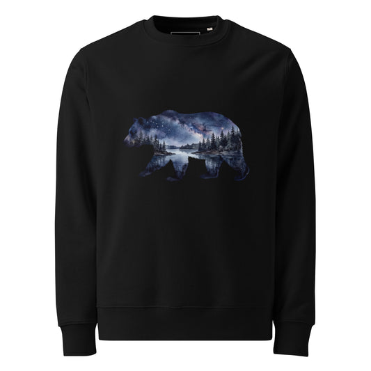 Double exposure bear silhouette graphic with a starry night and lake on a black eco-friendly organic cotton sweatshirt by Novapuro.