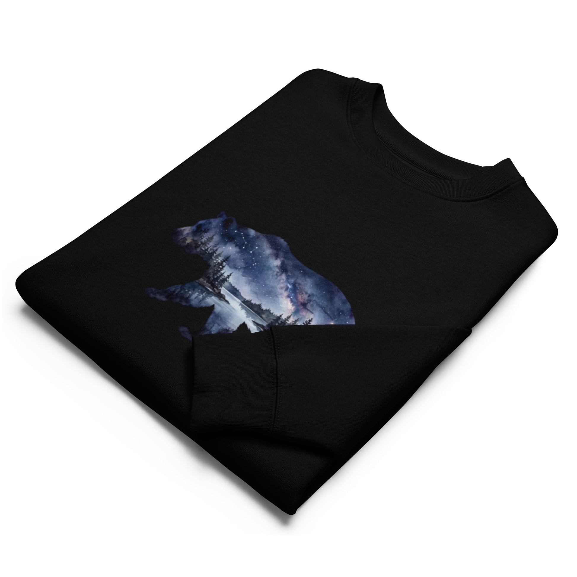 Folded black Novapuro Starlit Bear eco-friendly sweatshirt highlighting the double exposure graphic.