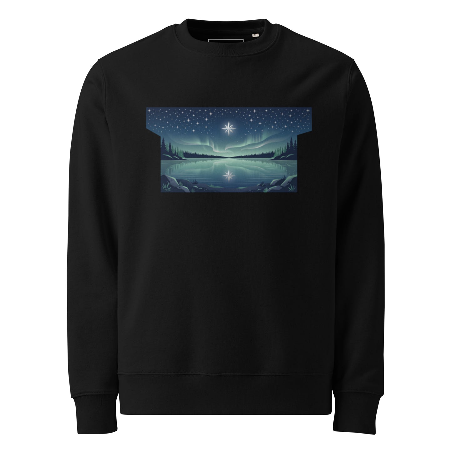 Front view of a black sustainable organic cotton sweatshirt featuring a serene Northern starry sky and lake reflection graphic.