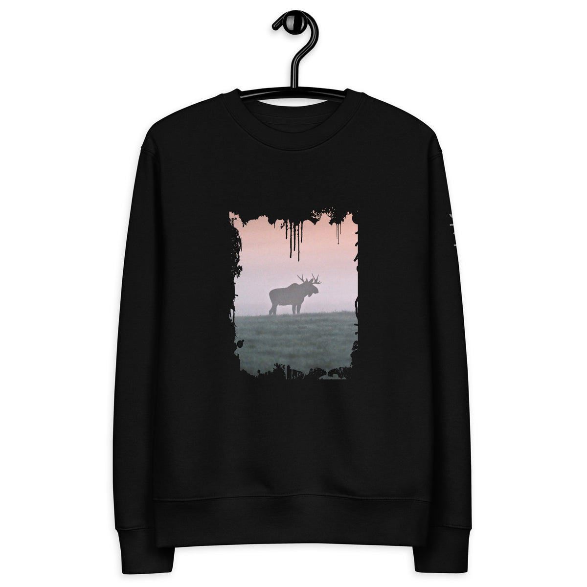 Front view of the eco-friendly unisex sweatshirt in black, showcasing the artistic 'Forest King' distressed edge front print