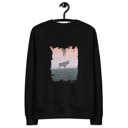 Front view of the eco-friendly unisex sweatshirt in black, showcasing the artistic 'Forest King' distressed edge front print