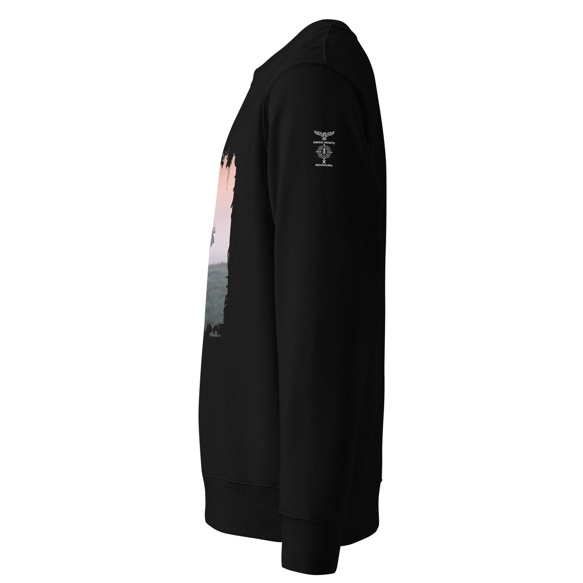 Front view of the eco-friendly unisex sweatshirt in black, showcasing the artistic 'Forest King' distressed edge front print