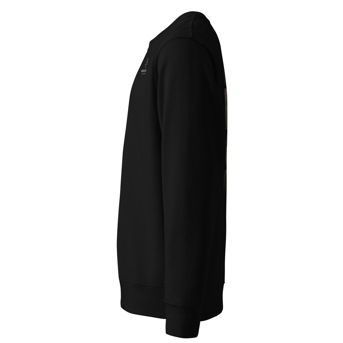 Side profile view of the black eco-friendly unisex sweatshirt. Crafted from premium 100% organic ring-spun combed cotton.   