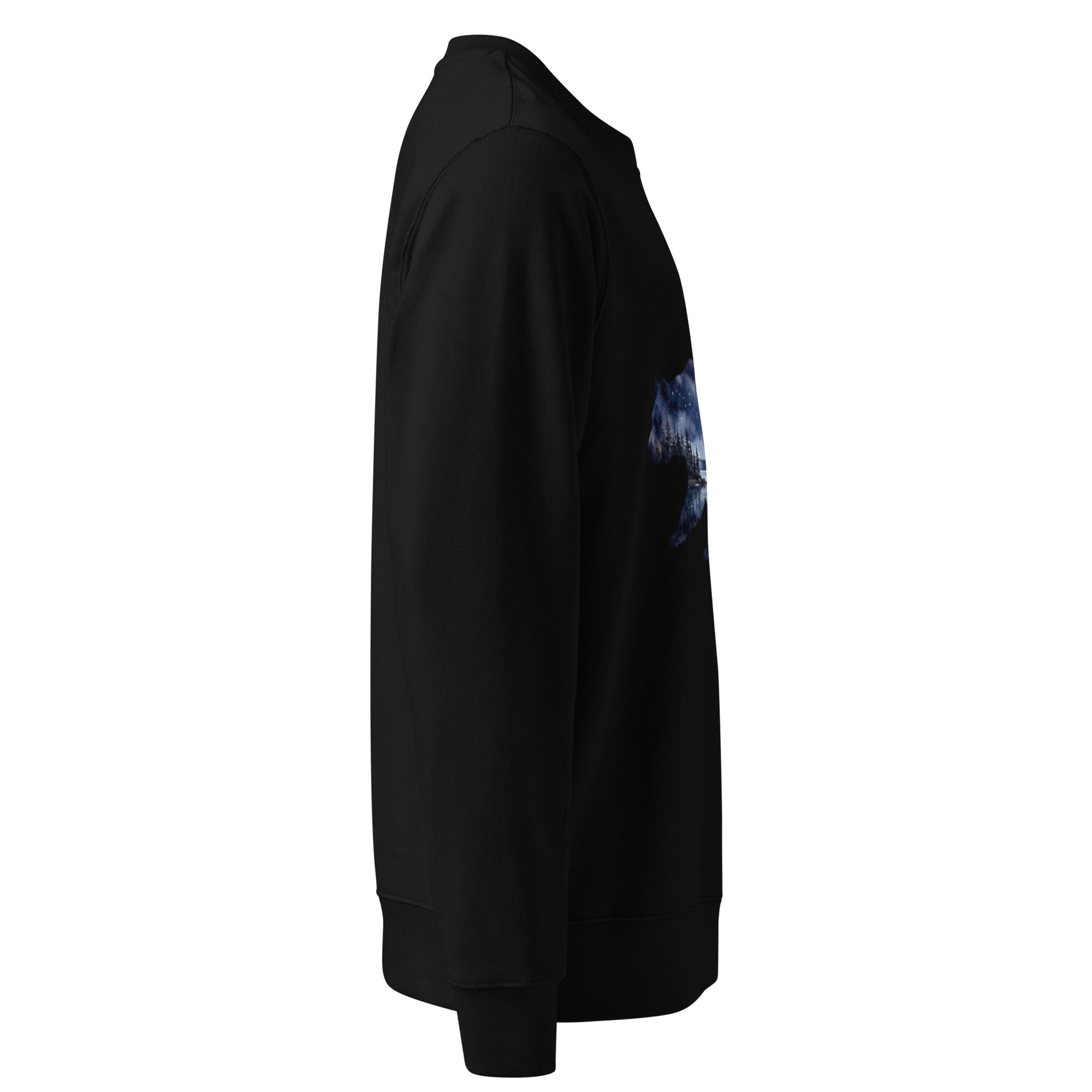 Side view and sleeve fit of the Novapuro Starlit Bear sustainable organic sweatshirt.