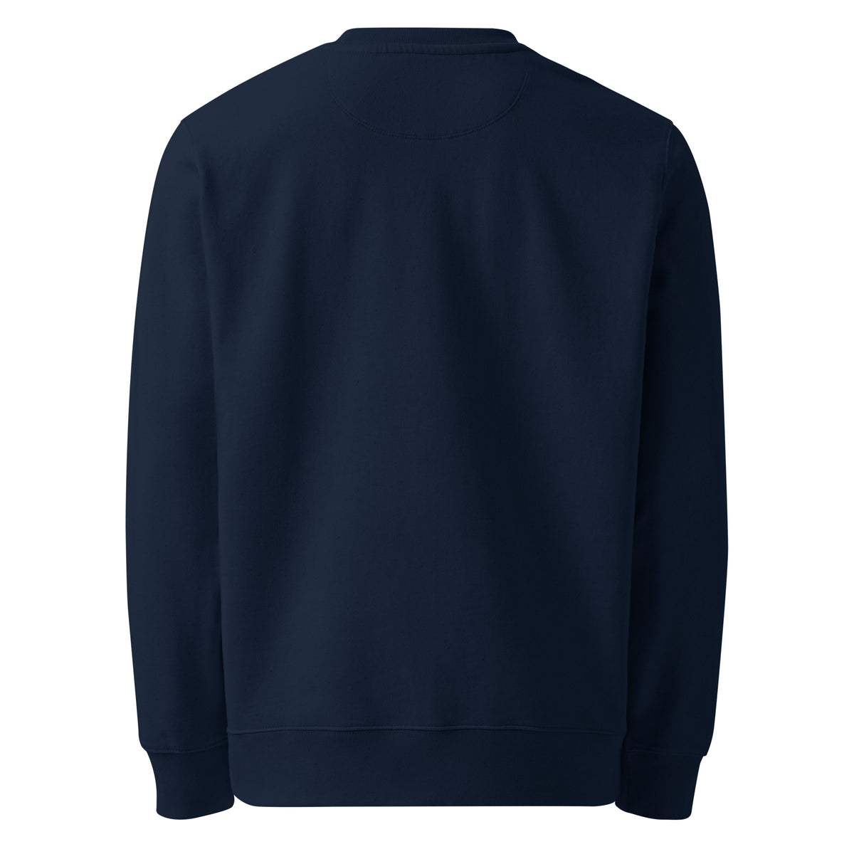 Back view of the solid dark navy blue sustainable organic sweatshirt by Novapuro.