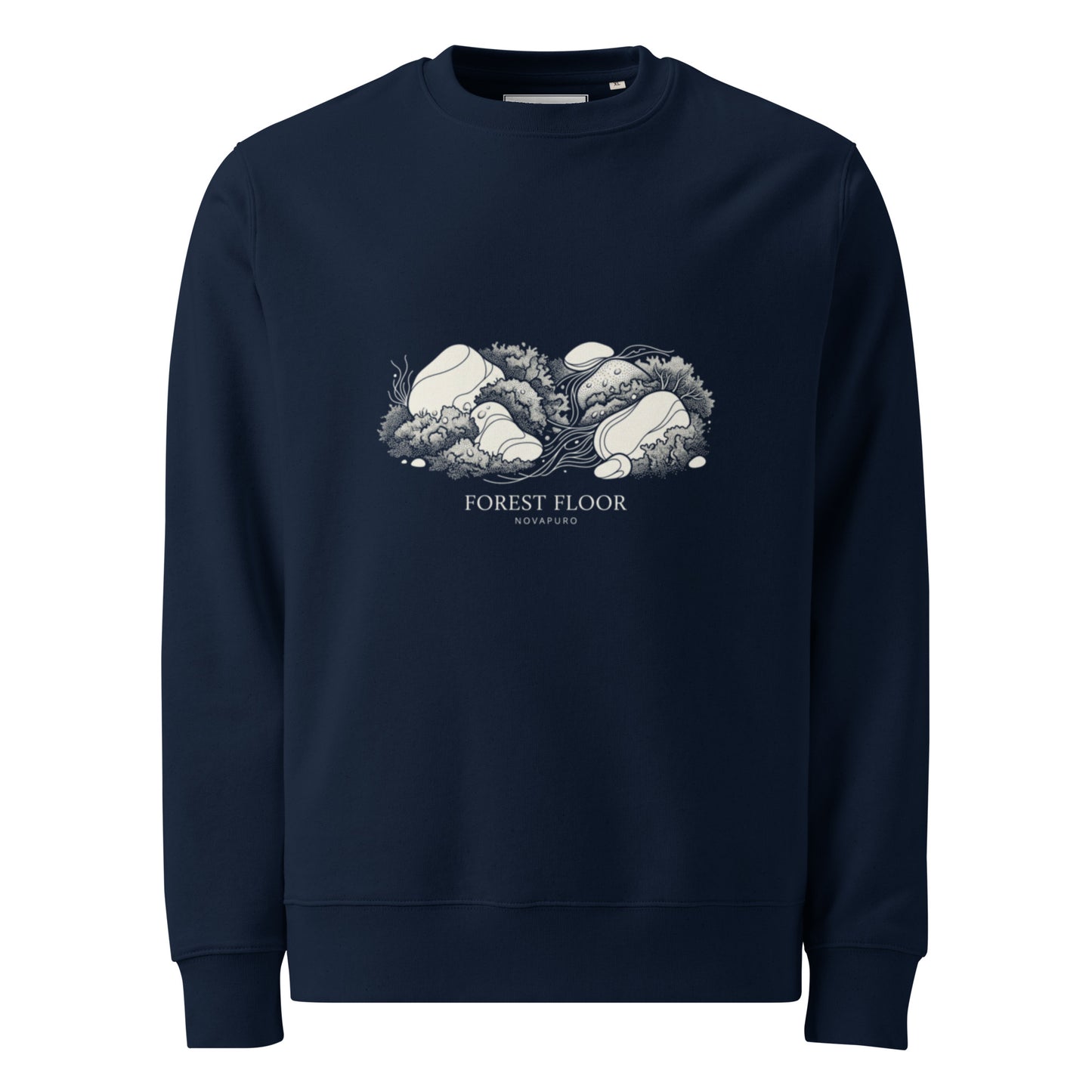Close-up of the Novapuro Forest Floor graphic on a premium organic sweatshirt featuring a tree-themed circular logo