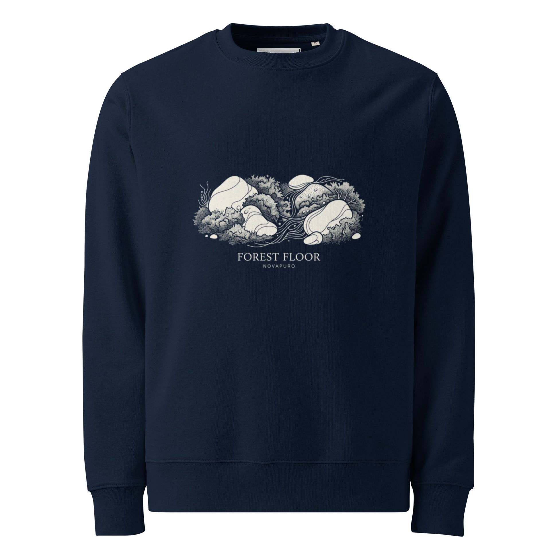 Close-up of the Novapuro Forest Floor graphic on a premium organic sweatshirt featuring a tree-themed circular logo