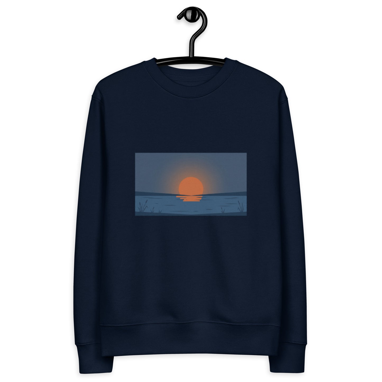 Sustainable dark blue organic cotton sweatshirt featuring a minimalist Nordic midnight sun graphic by Novapuro.