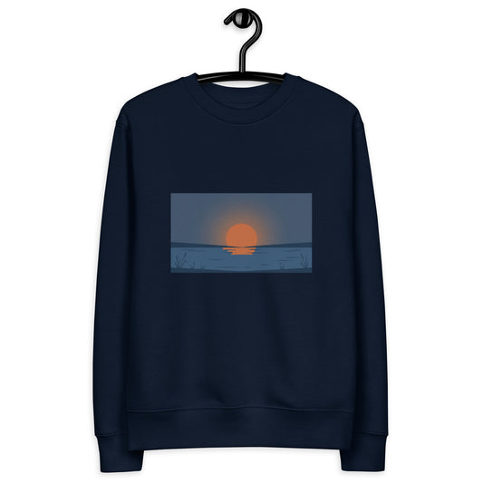 Sustainable dark blue organic cotton sweatshirt featuring a minimalist Nordic midnight sun graphic by Novapuro.