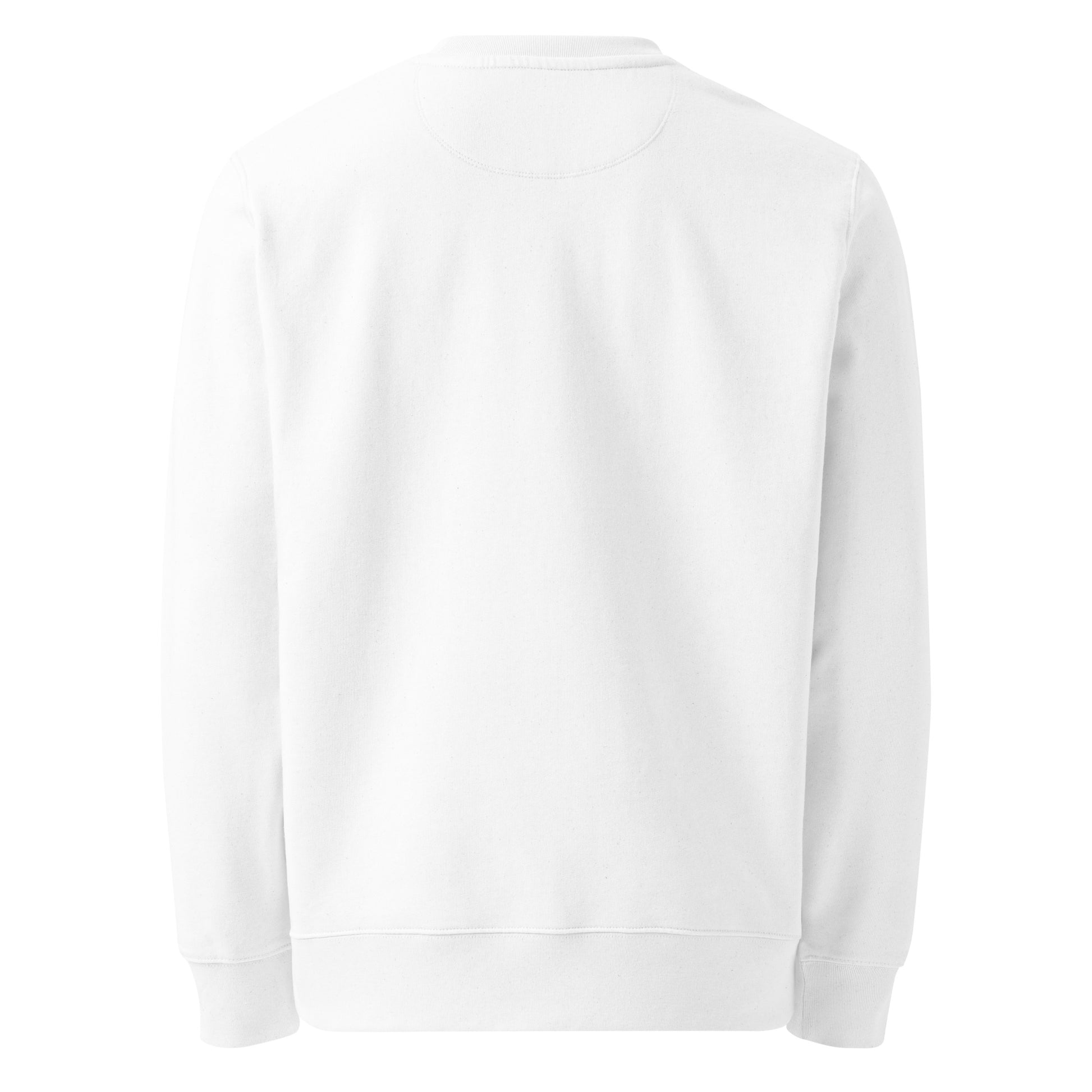 Back view of the premium unisex organic cotton pullover in white, designed for durable and comfortable sustainable fashion.
