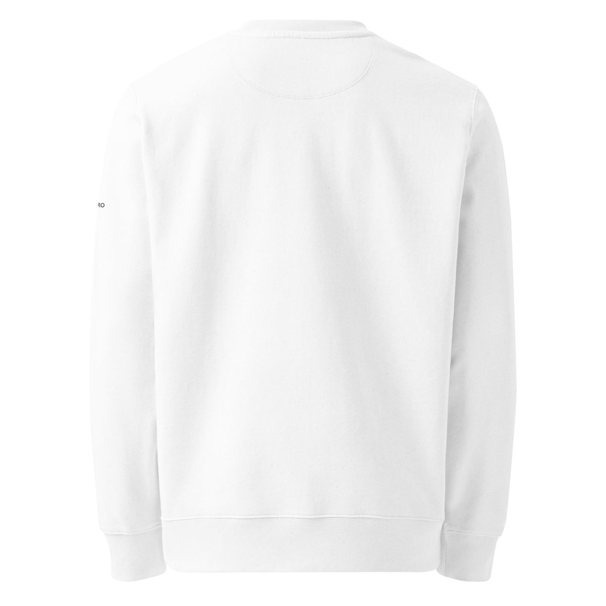 Back view of a blank white Nordic organic cotton sweatshirt showing its clean and minimalist fit.