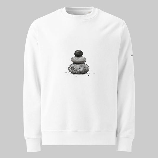 Front view of the crisp white Novapuro premium organic cotton sweatshirt featuring a minimalist Zen stone stack design.