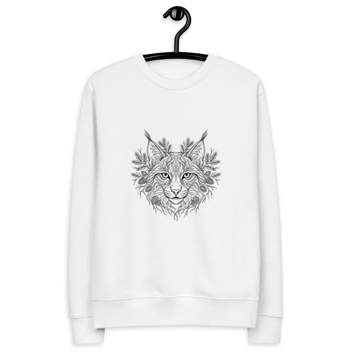 Front view of the minimalist white organic cotton eco sweatshirt featuring a detailed Nordic lynx graphic for comfortable everyday wear.