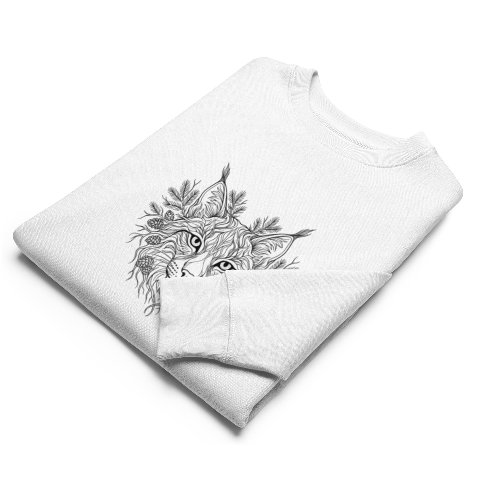 Close-up detail of the folded white eco-friendly sweatshirt highlighting the Nordic lynx wildlife graphic and the soft organic cotton texture.