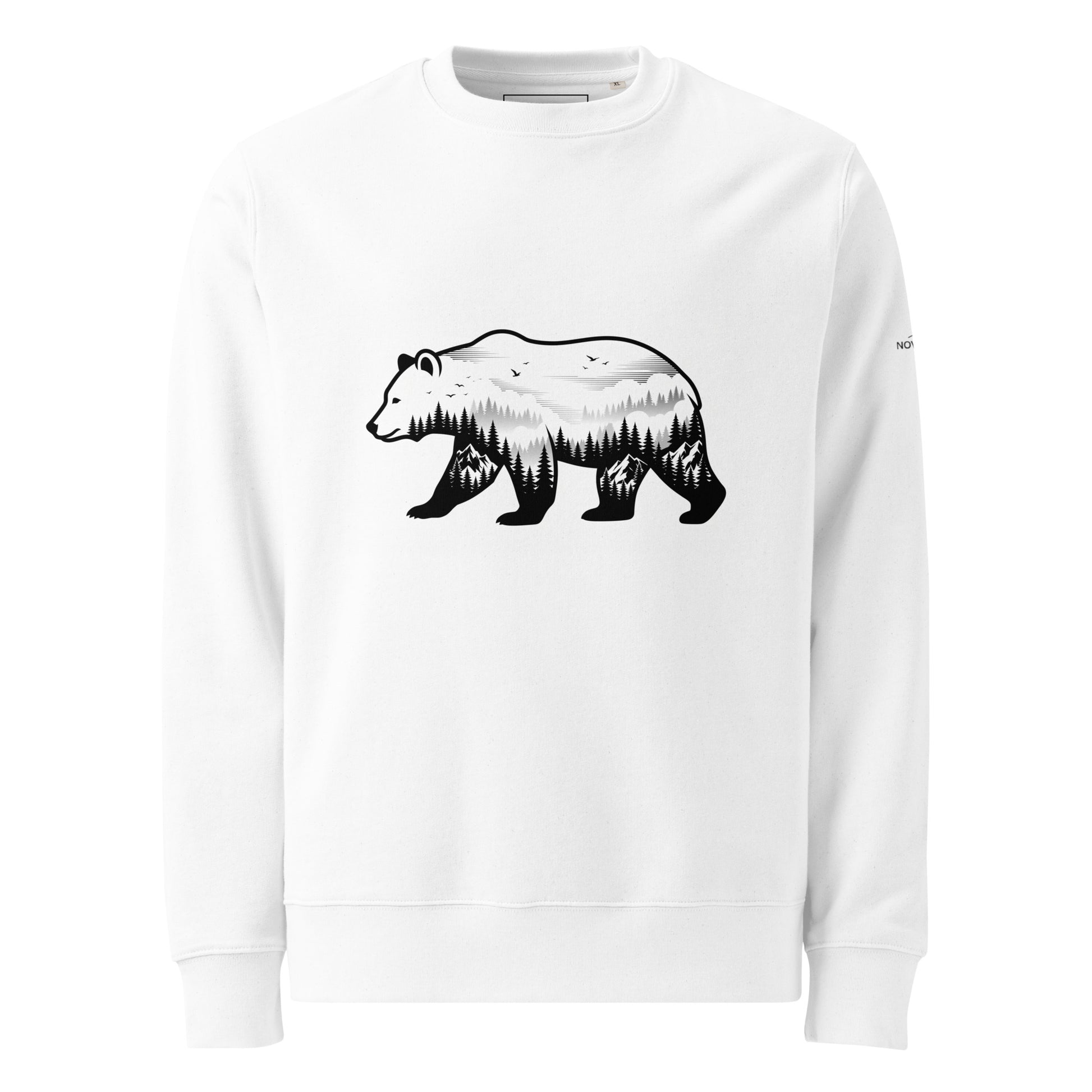 Front view of a white organic sweatshirt with a striking double exposure brown bear and misty forest silhouette on the chest.