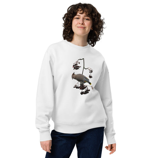 Premium white organic cotton eco sweatshirt featuring a fine art nature photograph of a Nordic Bohemian waxwing from the Tarja x Novapuro collection.
