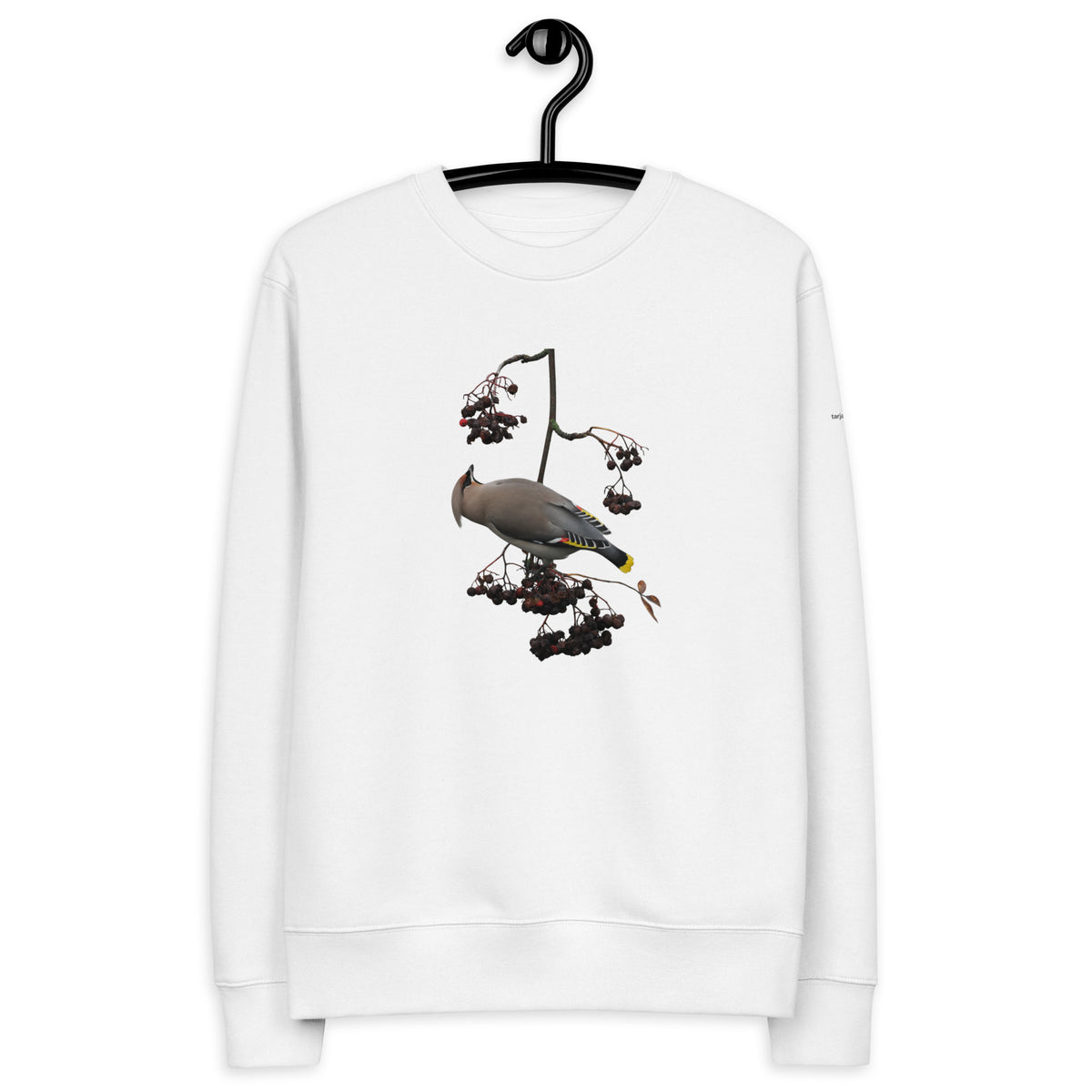 Premium white organic cotton eco sweatshirt featuring a fine art nature photograph of a Nordic Bohemian waxwing from the Tarja x Novapuro collection.
