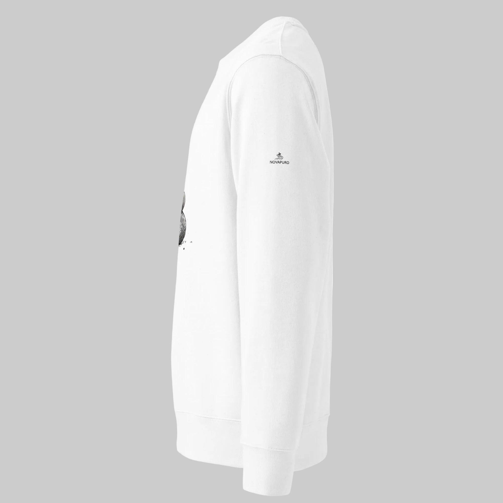 Side view of the clean white Novapuro organic sweatshirt showing the comfortable regular fit and set-in sleeves.