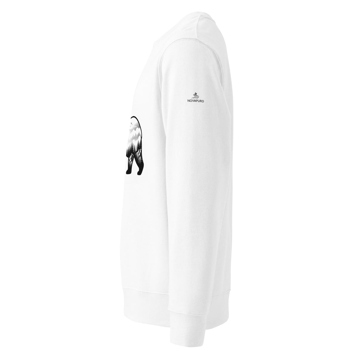 Detail side view of a white organic cotton eco sweatshirt showing the set-in sleeve and high-quality fabric texture.