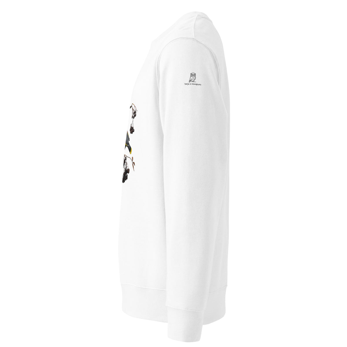 Premium white organic cotton eco sweatshirt featuring a fine art nature photograph of a Nordic Bohemian waxwing from the Tarja x Novapuro collection.