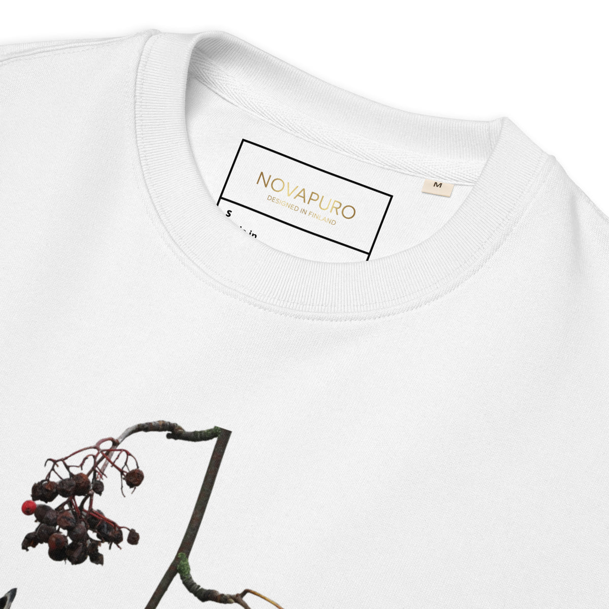 Premium white organic cotton eco sweatshirt featuring a fine art nature photograph of a Nordic Bohemian waxwing from the Tarja x Novapuro collection.