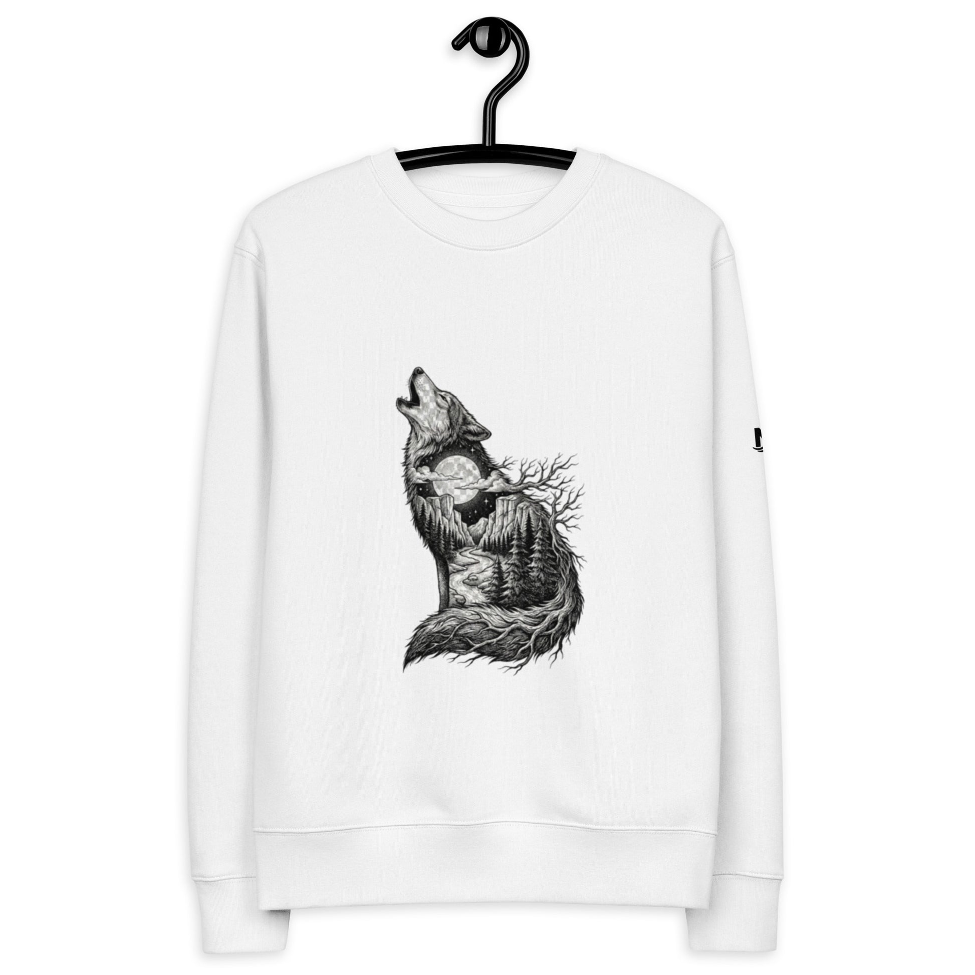 Novapuro Mystic Wolf Organic Sweatshirt. Artistic double exposure illustration of a wolf howling at the moon with a forest landscape inside. White premium sustainable organic cotton crewneck.
