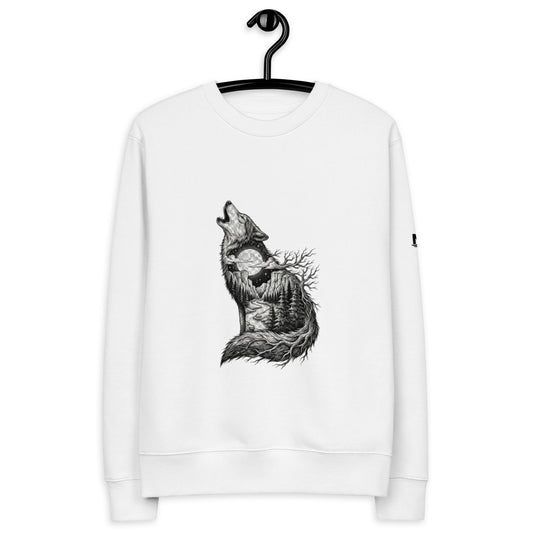 Novapuro Mystic Wolf Organic Sweatshirt. Artistic double exposure illustration of a wolf howling at the moon with a forest landscape inside. White premium sustainable organic cotton crewneck.