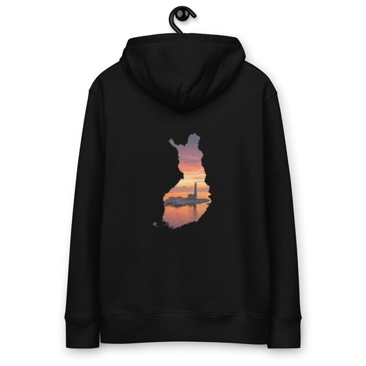 Back view of the premium eco hoodie featuring Niko Laurila's original lighthouse photography print