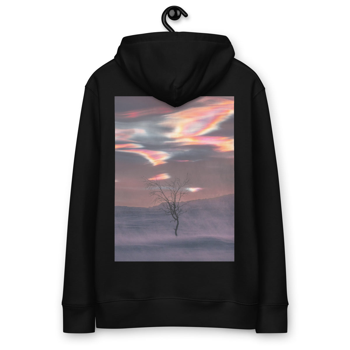 Back view of a black eco-friendly heavyweight sweater on a hanger, showcasing stunning polar stratospheric clouds art by Finnish photographer Jetro Luhtaa.