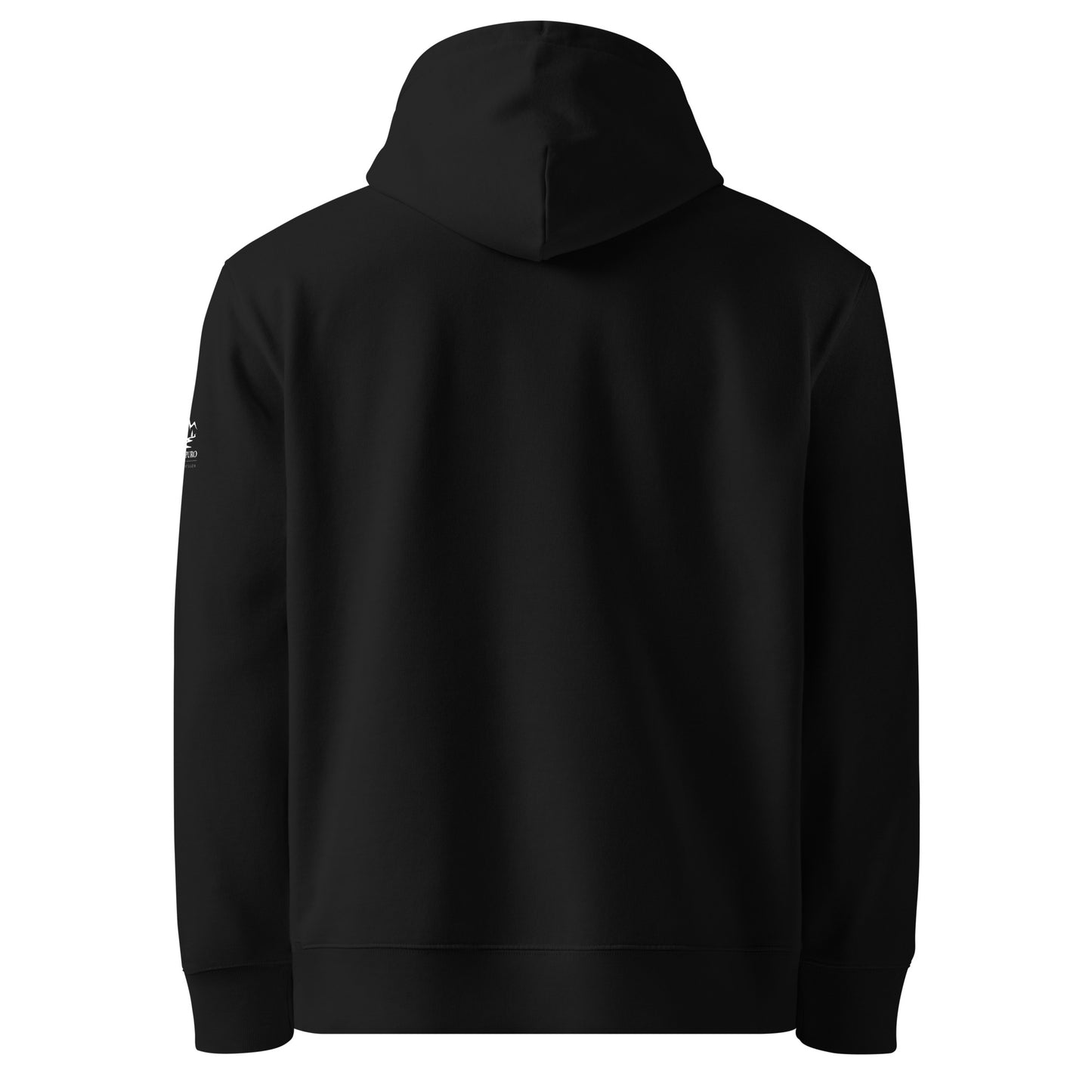 Back view of black minimalist Novapuro organic cotton hoodie.