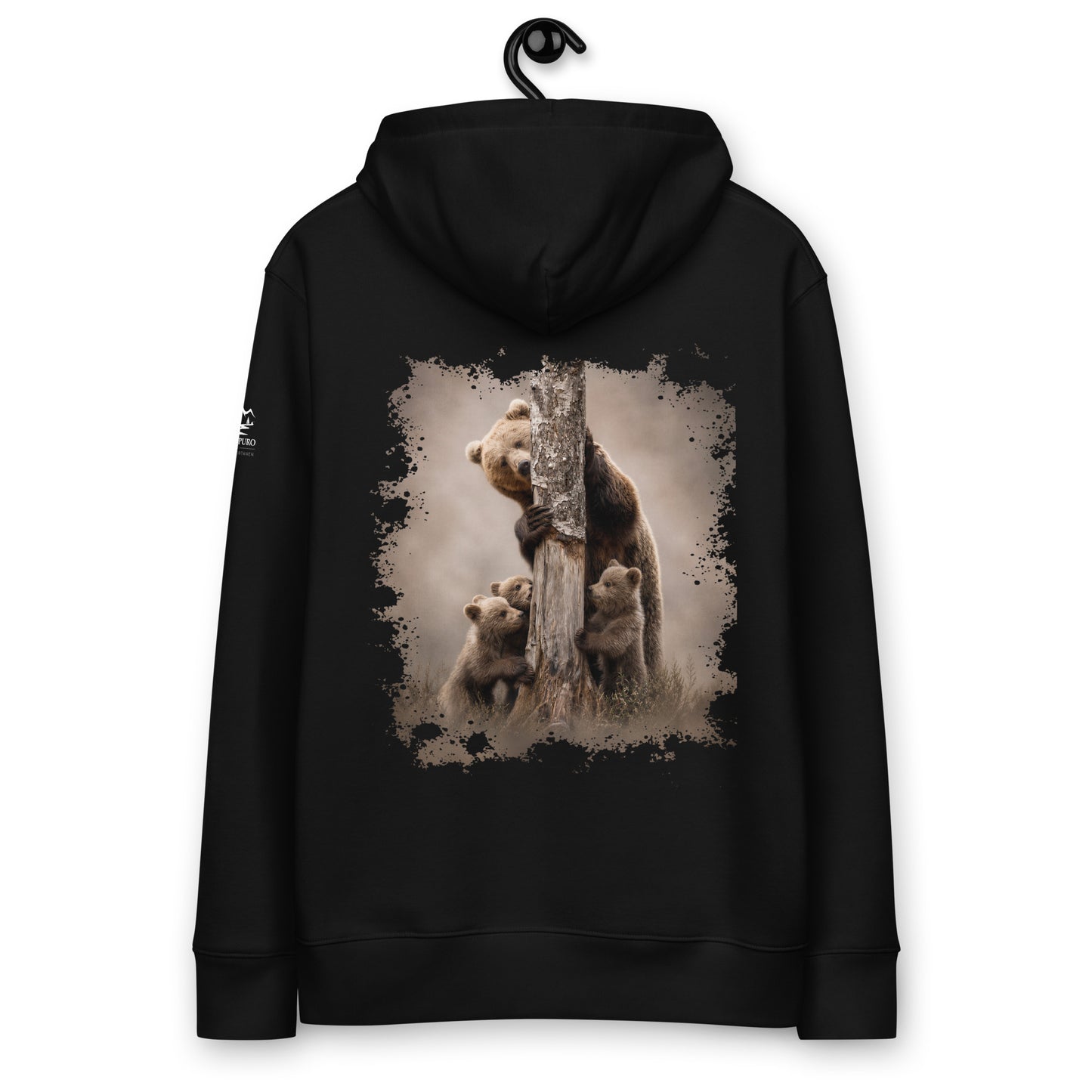 Black sustainable organic cotton hoodie featuring "The Family Bond" Nordic wildlife graphic by Jarno Virtanen. Perfect for cozy and ethical everyday wear.