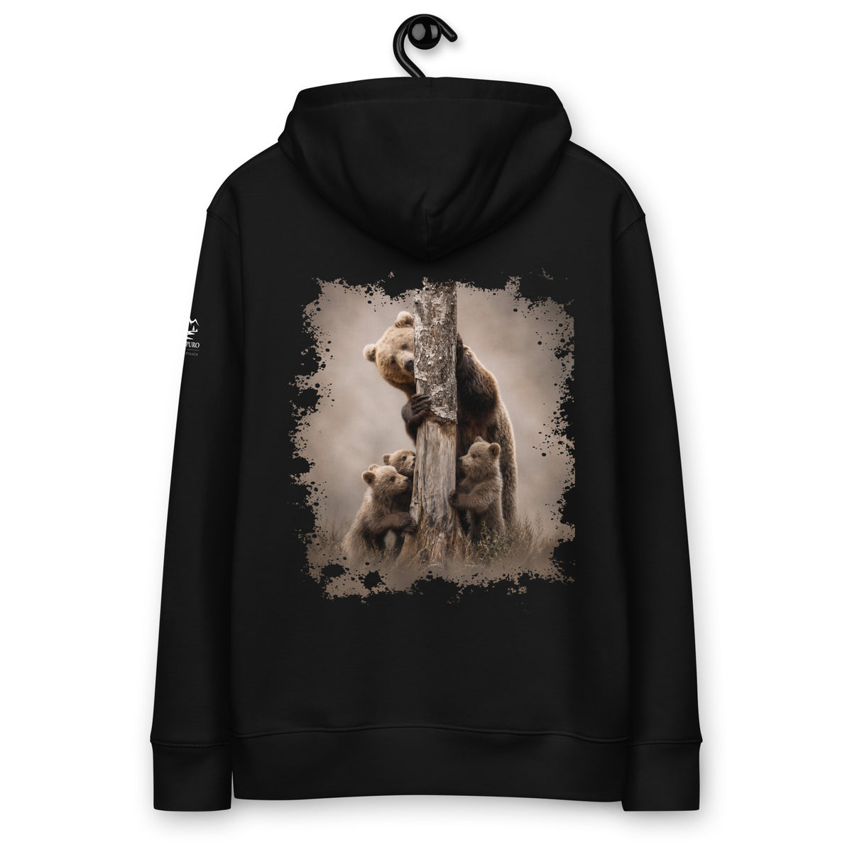 Black sustainable organic cotton hoodie featuring "The Family Bond" Nordic wildlife graphic by Jarno Virtanen. Perfect for cozy and ethical everyday wear.
