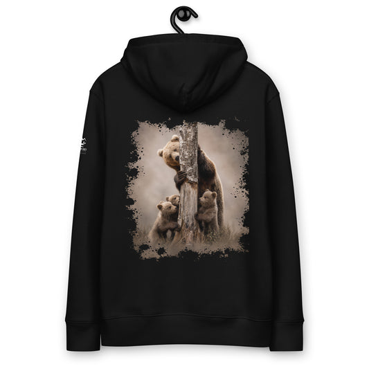 Black sustainable organic cotton hoodie featuring "The Family Bond" Nordic wildlife graphic by Jarno Virtanen. Perfect for cozy and ethical everyday wear.