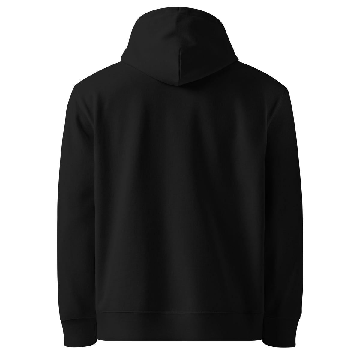 Back view of the blank black sustainable unisex organic eco hoodie by Novapuro.