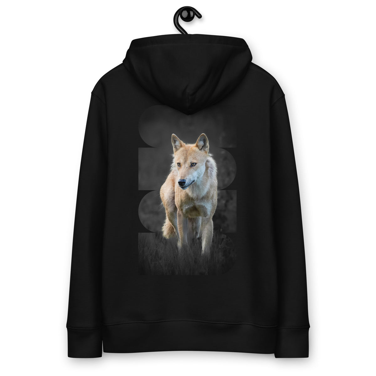 Black organic cotton hoodie featuring a majestic Nordic wolf design on the back, a sustainable collaboration between Novapuro and Auli Leivonen.