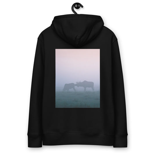 ack view of the eco-friendly heavyweight hoodie in black, showcasing the original wildlife photography print of two moose by Mikko Monto