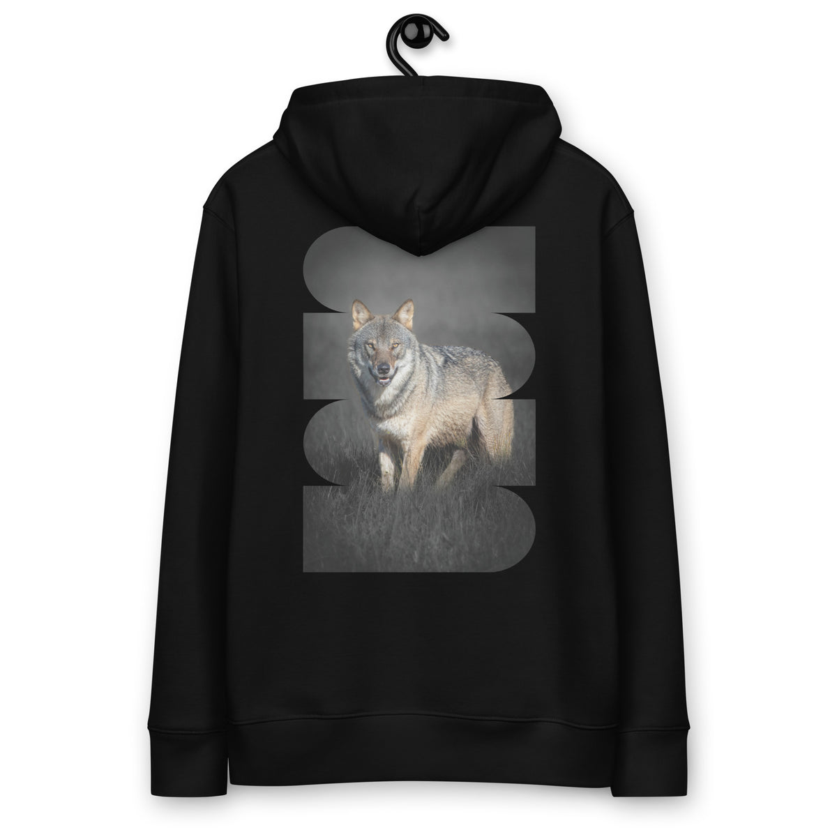 Back view of a black unisex eco-friendly hoodie featuring a majestic Dark Alpha Wolf photograph. Premium 100% organic cotton apparel inspired by Finnish nature.