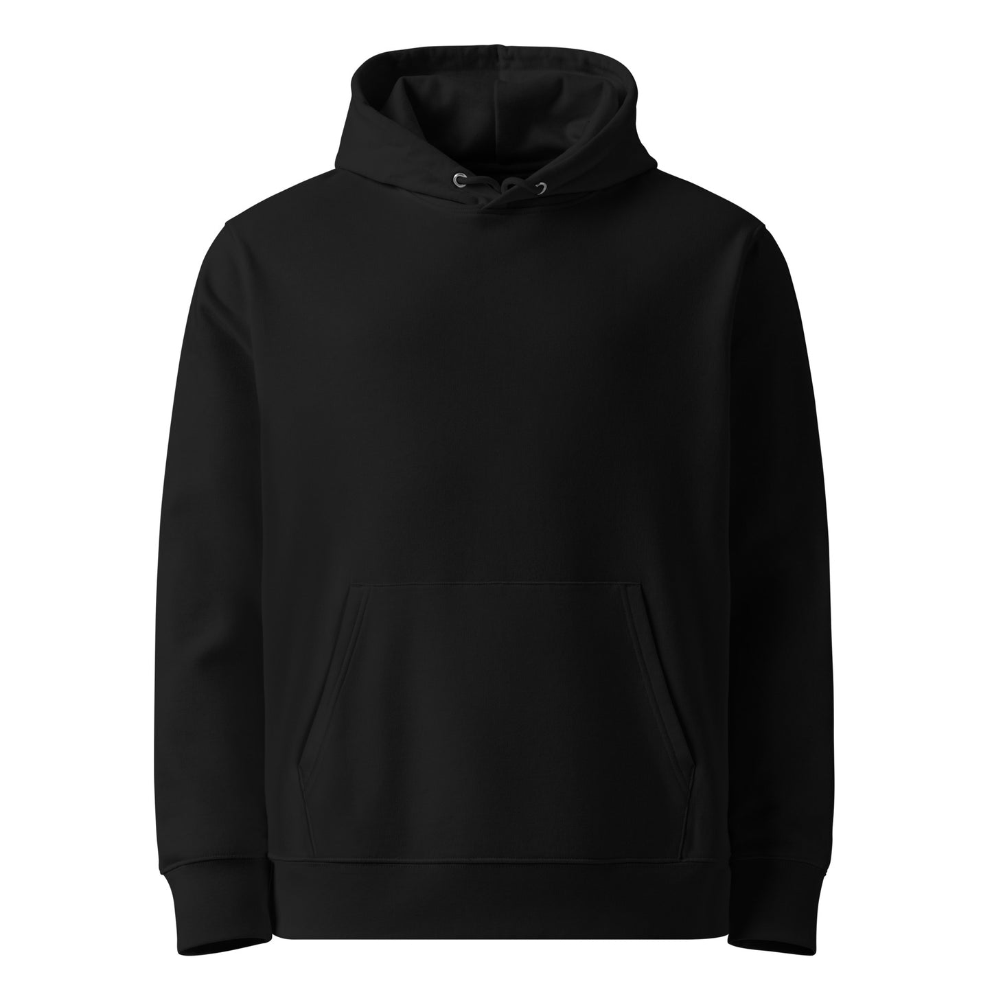 Front view of the minimalist black organic cotton hoodie from the Niko Laurila x Novapuro collaboration