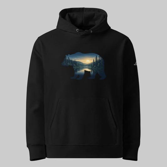 A black eco-friendly 100% organic cotton hoodie featuring a Nordic midnight sun bear silhouette design by Novapuro.