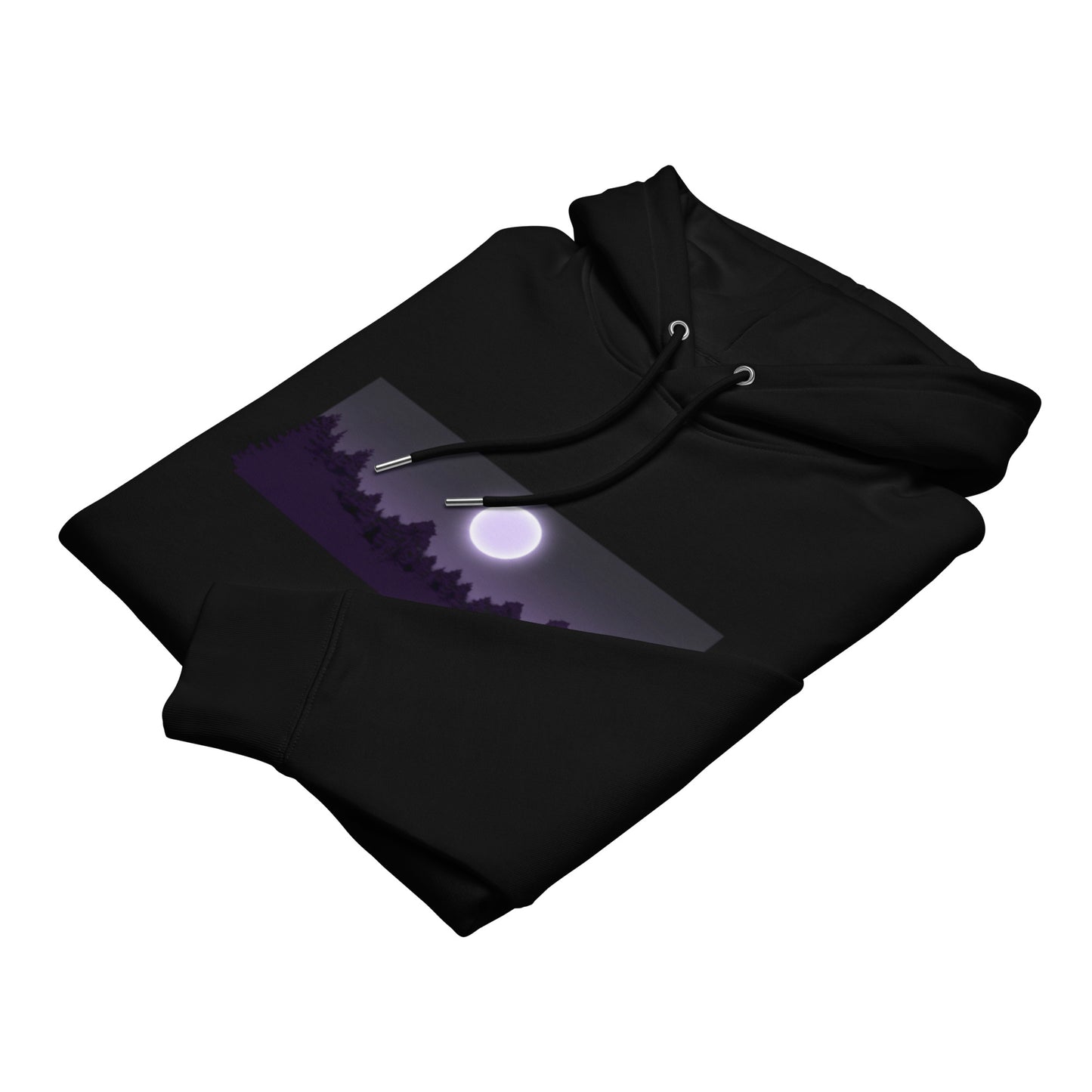 Folded black premium eco hoodie by Novapuro displaying the mystical purple night forest chest print.