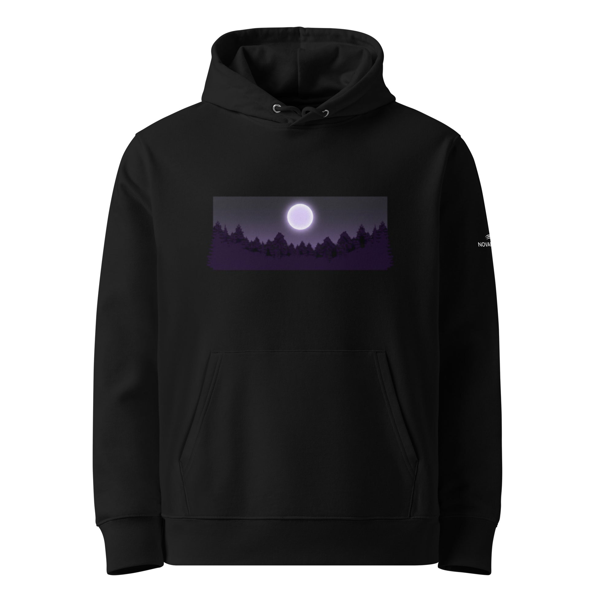 Minimalist vector illustration of a Finnish pine forest silhouette under a full moon on a black premium organic cotton hoodie by Novapuro.