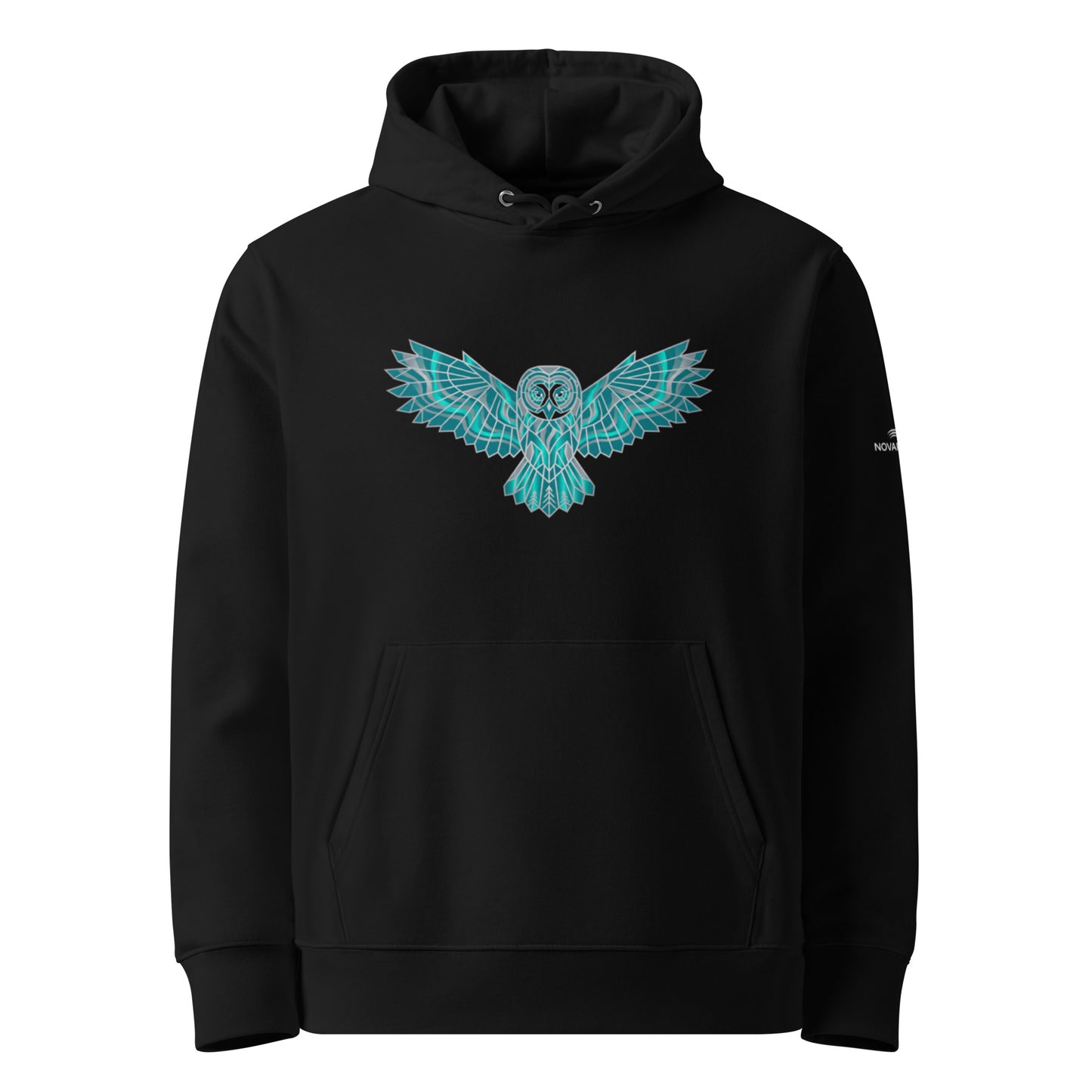Geometric teal and silver silhouette of a Great Grey Owl on a black premium organic cotton hoodie by Novapuro.