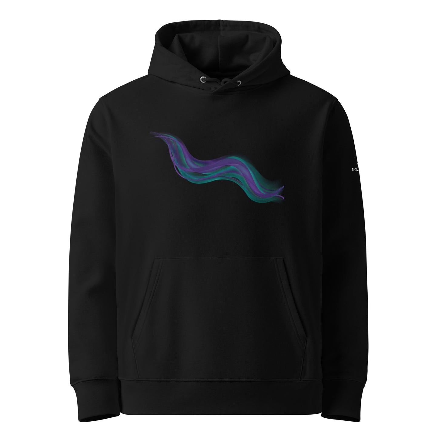 Front view of the black Novapuro sustainable premium organic hoodie displaying the flowing abstract aurora design.