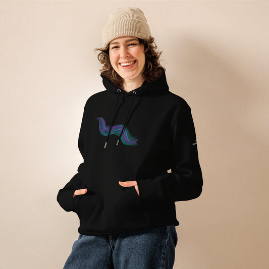 Model wearing the black Novapuro premium organic cotton hoodie featuring an abstract teal and violet aurora borealis design.