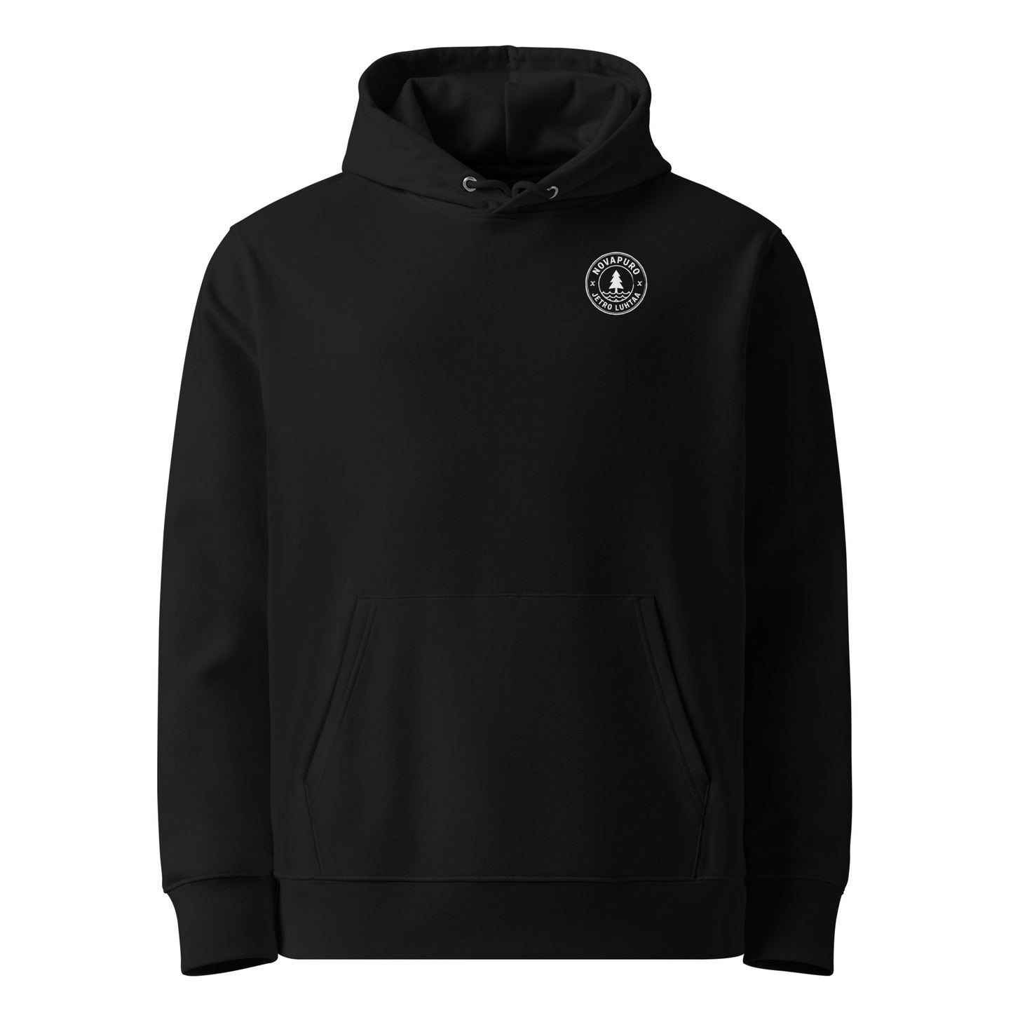 Front view of the sustainable black heavyweight organic cotton hoodie from the Jetro Luhtaa Nordic nature collection.