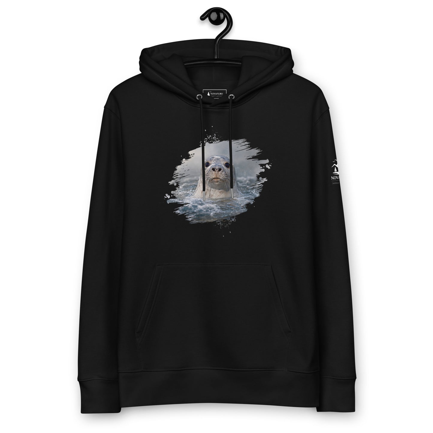 Front view of the black Novapuro x Jarno Virtanen Baltic Grey Seal organic cotton hoodie. Features stunning Nordic marine wildlife photography on a sustainable, eco-friendly pullover.